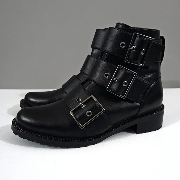NEW Blondo Camila Combat Boot Womens 7.5 Black Leather Waterproof Buckle Ankle - Picture 1 of 13